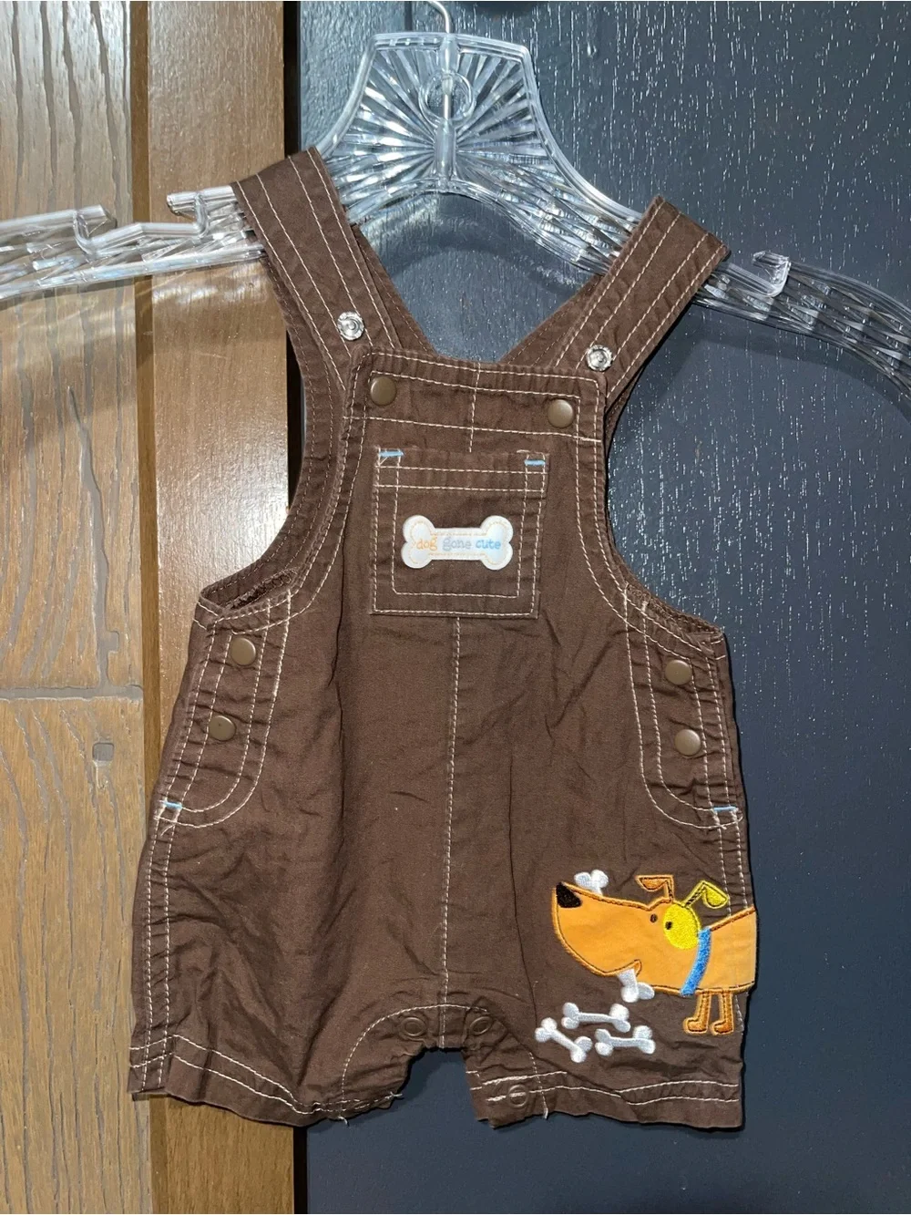 Vintage Style Brown Puppy Appliqué One-Piece Overalls for Kids